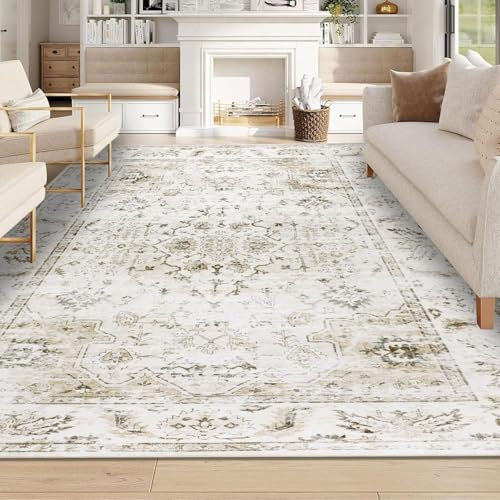 Homcomodar Large Washable Rugs Living Room 200x290cm Boho Thin Floor Carpet Soft Low-Pile Bedroom Carpets Beige Rugs Living Room Lightweight Area Rug for Dining Room Bedroom Office