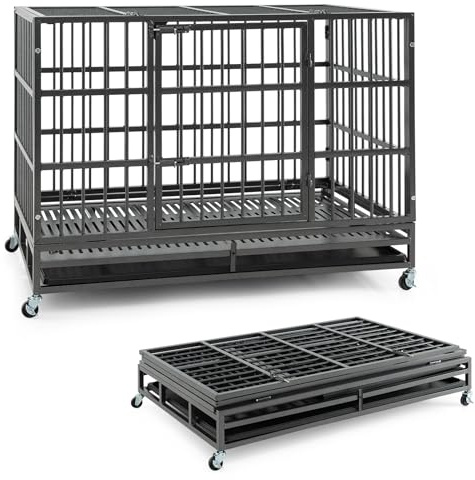 GOPLUS Hundekäfig klappbar, Hundebox aus Metall mit feststellbaren Rädern, Transportkäfig mit doppelten verschließbaren Türen & herausnehmbarem Tablett, Haustierbox für Hunde (120 x 76 x 90 cm)