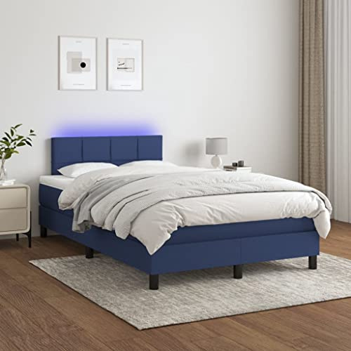 Willood Boxspringbett mit Matratze Bett Kopfteil LED, Einzelbett Bettgestell mit Lattenrost, Polsterbett Bettrahmen Blau 120x200 cm Stoff Block mit Quadraten