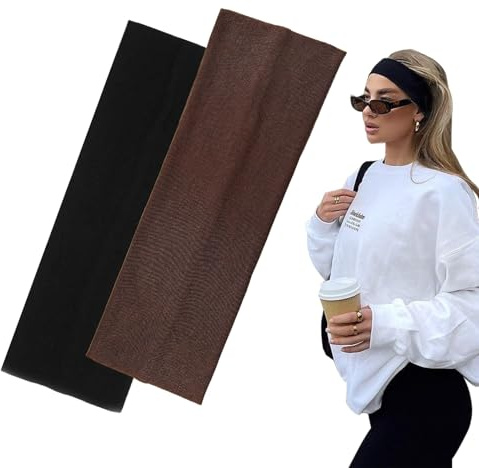 7 cm breda svarta pannband för kvinnor män, Yedtreg 2-pack mode pannband för kvinnohår, mjukt tyg stretchiga hårband för smink, yoga, löpning, sport (svart/brun)