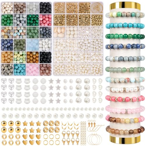 ARTREE Natürliche 8mm Perlen Für Armbänder,Edelstein Perlen Set Perlen Armbänder Selber Machen, Glasperlen Set mit Zubehör für Armband Halskette Schmuckherstellung