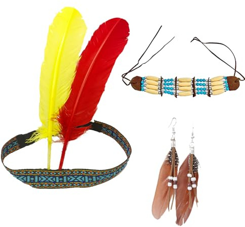 XINDY Indianer Kopfschmuck Damen Federn Kopfschmuck Feder Haarschmuck Stirnband Indianer Schmuck Halskette Ohrringe für Fasching Karneval kostüme Accessoire Damen