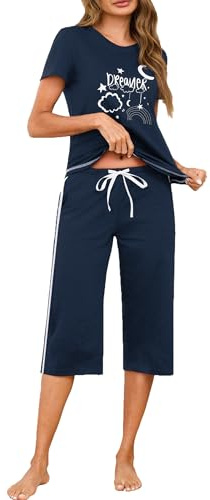 Terecey Pijama Mujer Verano Algodon Manga Corta Conjunto de Pijama Corto Mujer de 2 Piezas Suave Estampado