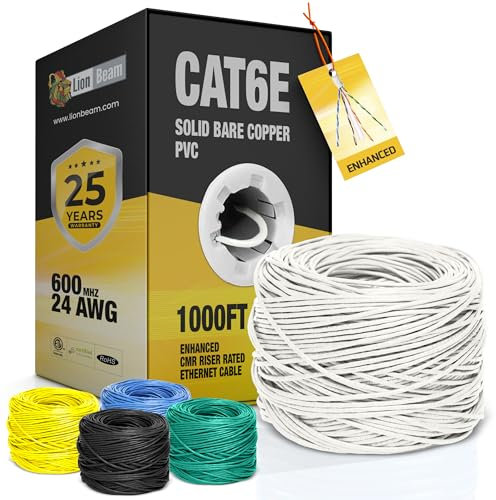 LION BEAM™ Cat6e Enhanced Ethernet Cable 1000 FT Box 24AWG PVC-CMR Insulated Solid Bare Copper Internet Cable 600 MHz, Provides High-Speed 10Gbps, UTP Bulk Ethernet Riser Cable with Fast Reel, White