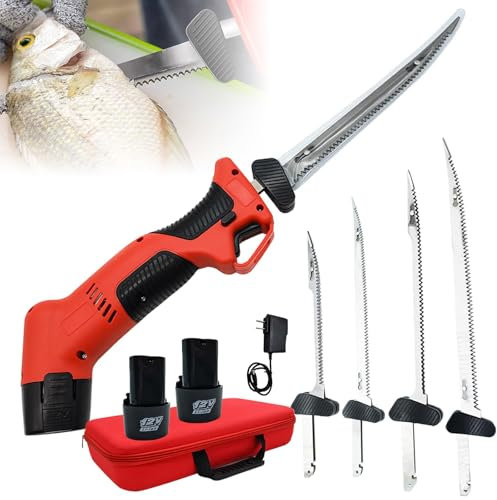 Couteau à Filet électrique sans Fil, Couteau à Filet de Poisson Rechargeable avec 4 Lames antiadhésives à revêtement Ti-Nitride S.S. et 2 Piles, Vitesse Variable en continu, Verrouillage