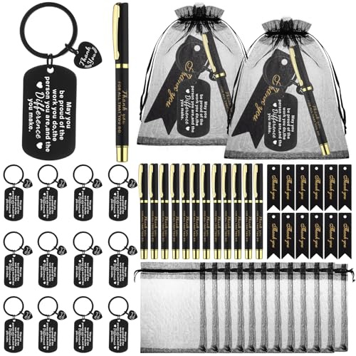 ULELE 48 pezzi regalo di apprezzamento per i dipendenti con penne di ringraziamento, biglietti di ringraziamento neri per dipendenti, sacchetti di organza, portachiavi, regalo di ringraziamento per