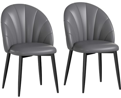 HOMCOM Set de 2 chaises de Salle à Manger en Cuir PU, chaises de Cuisine et de Salon avec Pieds en Acier et Dossier en Coquille, Gris foncé