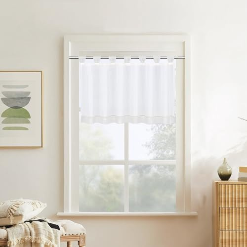 gvivej Scheibengardine, 60 x 120 cm Scheibengardine mit Schlaufen, Halbtransparent Bistrogardine, Voile Bistrogardine mit Schlaufen, Unifarbige Kurzstore, Kurzvorhang Küchen für Küche (Weiß)