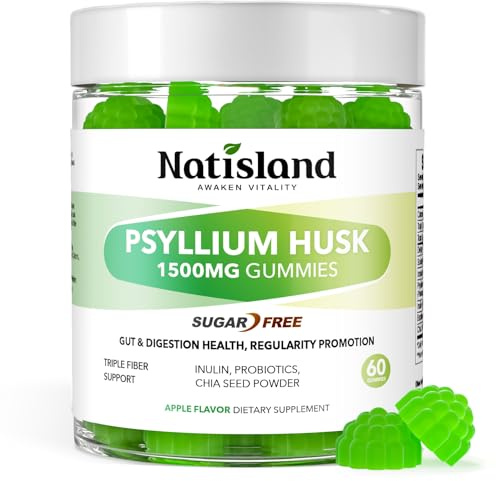 NATISLAND Psyllium Husk Gummies, 1500mg Psyllium Husk Fiber Supplement with Probiotics, Inulin, Chia Seed Powder for Gut & Digestive Health, Regularity, Vegan, Sugar Free, 60 Chewable