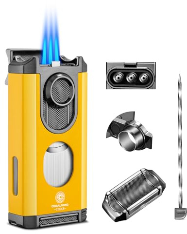 CIGARLOONG Cigar Lighter, 3 in 1 Multi Functional Cigar Lighter Gift Box, Built in Cigar Holder and Cigar Cutter Flat Cutting, Butane Lighter, Windproof 3 Jet Flame Torch Lighter (yellow)，without Gas