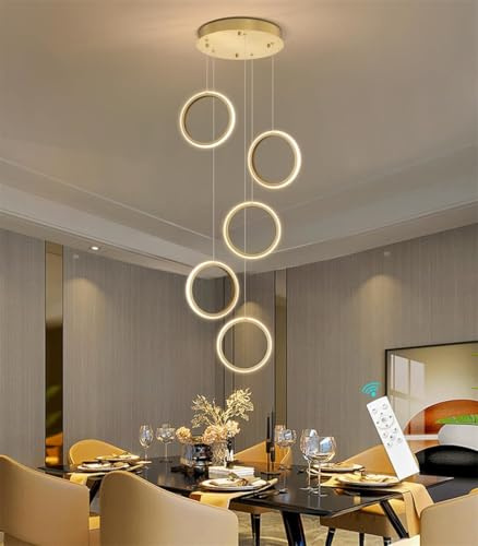 JINWELL Modern LED Pendelleuchte Lange Treppenhaus Ringe Hängelampe Wohnzimmerlamp Aluminium Dimmbar Kronleuchter Xuanguan Esszimmer Hängeleuchte Schlafzimmer Treppe Deckenleuchte(Gold,5 rings)