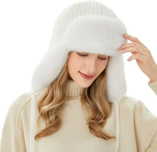 Wokuaile Wintermütze Fliegermütze Gestrickt Pilotenmütze Unisex Kunstfell Trappermütze Uschanka Russenmütze