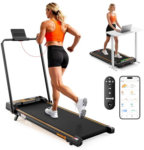 3PS Klappbar Kleines Laufband für Zuhause mit 9% Steigung 1-10 KM/H Treadmill Walking Pad mit Griff 136KG Laufband Schreibtisch mit APP & Fernbedienung, LED-Anzeige Fitness für Frauen (Orange)