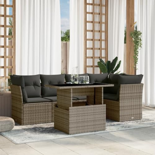QJBSAVVA 6-TLG. Gartenlounge-Set Grau Poly Rattan mit klappbarer Tischplatte 100x55 cm Moderne Outdoor Möbel für kleine Balkone Terrasse