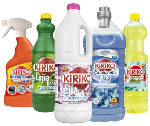 Kiriko 5 Spanish Cleaning Products Household Bundle Scented Bleach 1.5L & 2L, Floor Cleaner 1.5L, Kitchen Degreaser Spray 750ml, Fabric Softener 2L 72 Washes, Deep Clean, Fresh Long-Lasting Fragrance