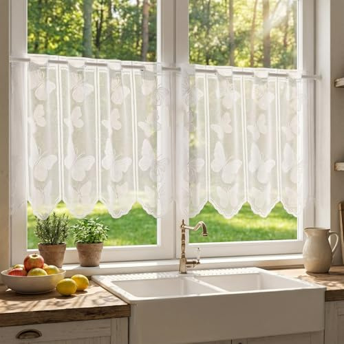 Visillo de bistró – Cortina jacquard con mariposa, corta cortina de cocina con borde curvado, encaje, cortina corta, cortina de ventana, cortina corta translúcida, 150 x 45 cm
