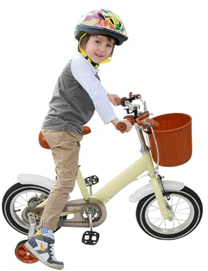 Jerool Barncykel 12 tum, barncykel från 3 år, cykel för barn med korg och stödhjul, höjdjusterbart säte och styre (gul)