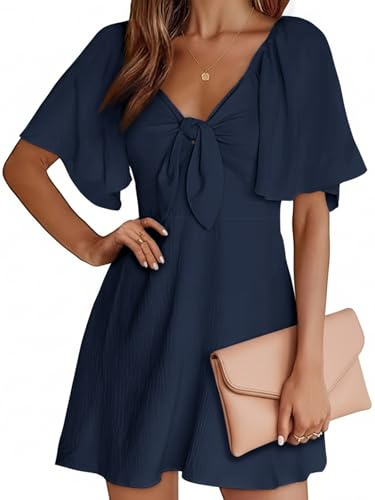 Cicy Bell Damen V-Ausschnitt Sommerkleid A-Linie Minikleid Elegantes Cocktailkleid Krawatte vorne Flatterärmel Kleid Dunkelblau XS