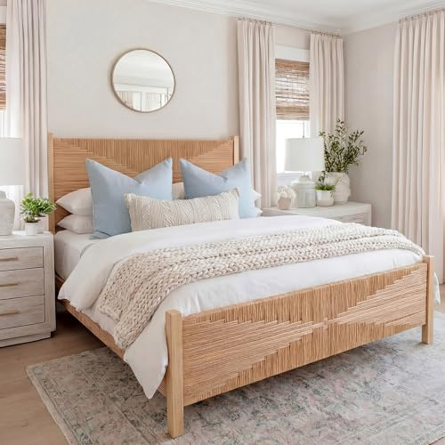 Yechen Solid Wood Rattan Queen Bed Frame with Tall Headboard and Footboard, Mid Century Modern Hand-Woven Rattan Bedframe with Vintage Pattern, Boho Wooden Bed with Metal Slats, No Box Spring Needed