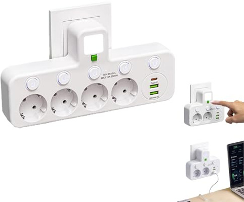 Trådlöst grenuttag, med nattlampa multifunktionell adapteruttagslist, enkel strömbrytarkontroll, 2/3/4/5 kortplatser 1 Type-C 2 USB-port (4 uttag, vit)