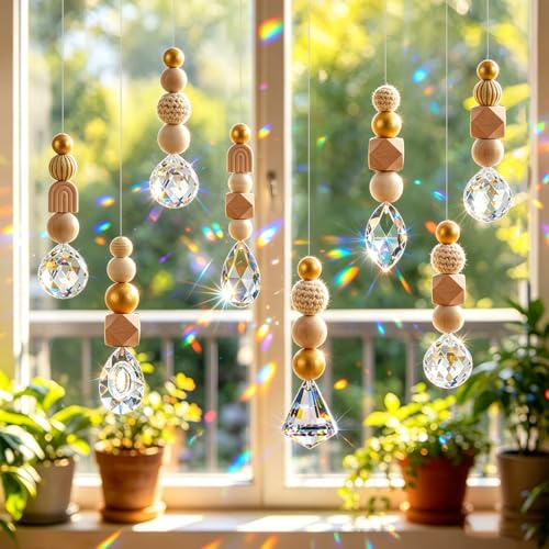 Kristall Sonnenfänger Fenster, 8 Stück Suncatcher Kristall Anhänger, DIY Sonnenfänger Basteln Set mit Holzperlen und Kristallkugel, Regenbogen Kristalle zum Aufhängen für Garten Zuhause Fensterdeko