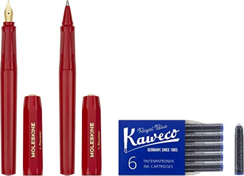 Moleskine x Kaweco, Penna Stilografica in Plastica ABS con Pennino Misura M Placcato in Oro e Penna a Sfera Ricaricabile, Ricaricabile con 1,0 mm di Inchiostro Blu, 6 cartucce Incluse, Colore Rosso
