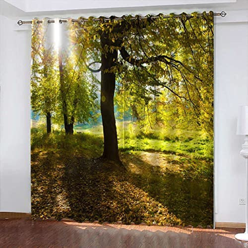 Vorhang Blickdicht Ösen Thermo Verdunkelungs Polyester Gardinen 2 Stück 3D Gelber Sonnenwald Für Schlafzimmer Wohnzimmer Kinder Oder Babyzimmer 280(B) X250(H) cm - Bedruckte Verdunkelungsvorhänge