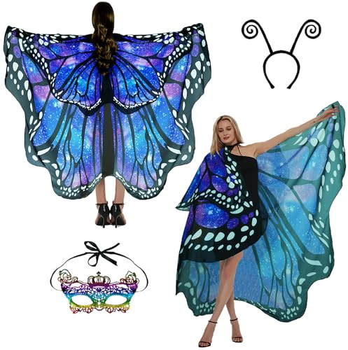 Sunlisky Schmetterling Kostüm DamenSchmetterlingsflügel Erwachsene Faschingskostüme Damen Umhang Schmetterlings Zubehör 3Set Gesichtsmaske Fühler Schmetterling Haarreif