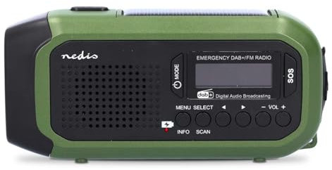 Radio di emergenza – Versione portatile – DAB+ / FM – Funzionamento a batteria/manovella/alimentazione solare/alimentazione tramite USB – Sveglia – Verde/Nero