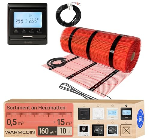 Warmcoin® Kit Complet Chauffage au Sol Électrique 160 W/m² – Trame Autocollante 10,0 m² (0,5x20m) – Pour Carrelage, Stratifié, Vinyle et Parquet – Inclut Thermostat LCD Programmable W51 Noir