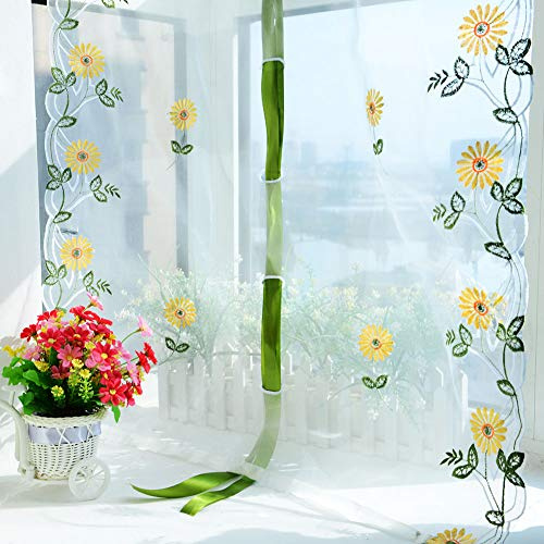 Haosie Tende Camera Da Letto, 80x150 CM Tende Moderne Per Soggiorno, Girasole Ricamato Ascensore Tende Trasparenti con Ganci Per il Soggiorno, Camera da Letto