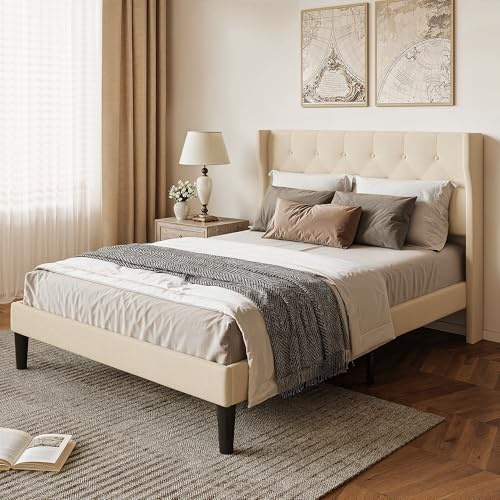 Xbro Bettrahmen 140 x 200 cm mit Kopfteil und Lattenrost, Doppelbett, Einzelbett, Leicht zu Montieren und Stabil, 20 cm Ablagefläche, Beige