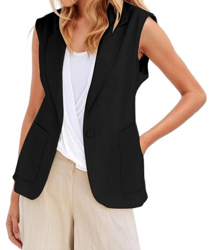 KBOPLEMQ Blazer en lin pour femme - Sans manches - Élégant - Cardigan ouvert sur le devant - Veste de costume - Pour le bureau - Veste de costume d'affaires - Loisirs - Manteau avec poche à revers