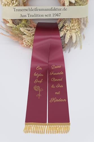 SuperSatin Trauerschleife mit Text, Grabsgesteckband nach Wunschtext, Urnen- Grabstrausschleife, Kranzschleife Verschiedene Breiten (weinrot, 10 cm für Strauß oder Gesteck)
