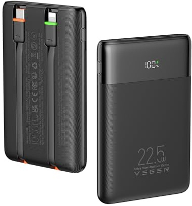 VEGER 10000mAh Power Bank con Cavi Integrati, 22.5W Ricarica Rapida Caricatore Portatile, Sottile Compatto USB C Powerbank LED Display con 4 Uscite e 3 Ingressi Compatibile con iPhone Huawei Xiaomi