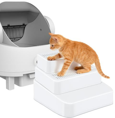 Adjustable 3 Steps Litter Box Ramp, Cat Ramp for Litter Box with Litter Trapper, Litter Box Step for Small & Elderly Cats, Fits Automatic Litter Boxes (White)