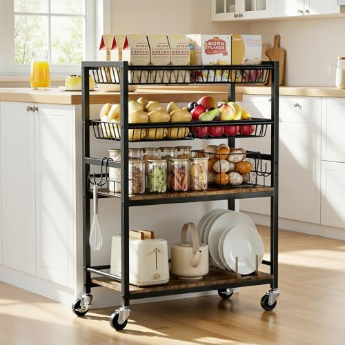 Kssiaz Fruit Vegetable Storage Cart, 4-Tier Rolling Kitchen Storage Cart, Fruit & Vegetables Basket Stand, Snack Organizer Shelf Unit for Kitchen, Bathroom, Living Room, Office, Balcony, Black