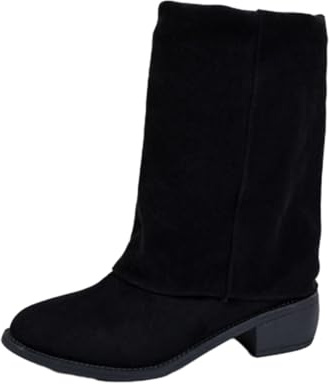 WXDTW Bottes pliantes pour femme, bottes rétro en daim antidérapant, mi-mollet, bout pointu, bottes décontractées à enfiler, Noir , 40.5 EU