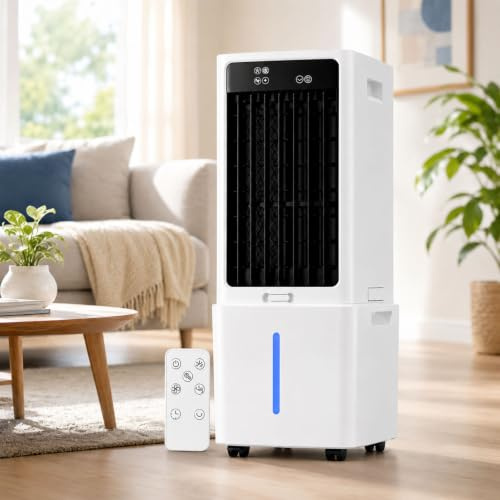Enfriador de Aire Evaporativo con Tanque Desmontable 12L, Ventilador Portátil 3 Velocidades y 3 Modos, Temporizador 12H, Oscilación Amplia, Mando a Distancia, Climatizador para Hogar y Oficina