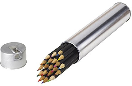 noTrash2003 Buntstifte Set 20 Farben Schreibwaren Kinder Malstifte schwarz lackiert, angespitzt, in runder Metalldose mit Anspitzer im Deckel