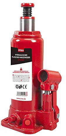 STIER Hydraulik Flaschen-Wagenheber, hohe Belastbarkeit von bis zu 6 Tonnen, mit langem Pumphebel, Car-Jack, Hubhöhe bis 413 mm, geschweißter Flaschenwagenheber, kompakt