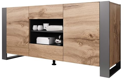 Mirjan24 Kommode Weelo mit 2 Türen und 2 Schubladen, Anrichte, Highboard, Mehrzweckschrank, Diele & Flur, Sideboard, Wohnzimmerschrank, Wohnzimmer Set (Wotan/Anthrazit)