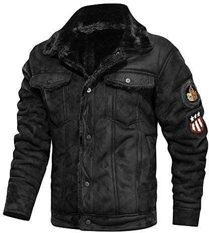 YAOTT Uomo Inverno Caldo Risvolto Giacca Cargo Casual di Pelle scamosciata sintetica Parka con fodera in lana con collo in pelliccia sintetica Giacca bomber Multitasche con ricamo patch Nero XL