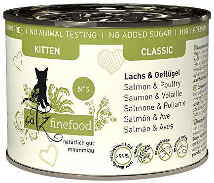 catz finefood Kitten N 5 Lachs und Geflügel Katzenfutter nass - Feinkost Kitten Nassfutter für junge Katzen ohne Getreide und Zucker mit hohem Fleischanteil, 6 x 200g Dosen