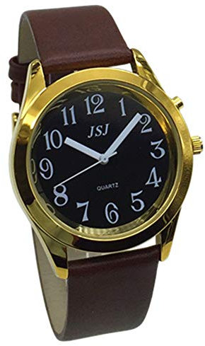 VISIONU Deutsch Sprechende Armbanduhr mit Weckerunktion, Ansage von Uhrzeit und Datum,Schwarz - Ziffernblatt (Braun Lederarmband TUG-806G)