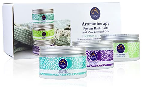 Absolute Aromas Unwind & Soothe Epsom Salt Gift Set - 3 x 300g of Goodnight, Soothe & De-Stress with Pure Essential Oils