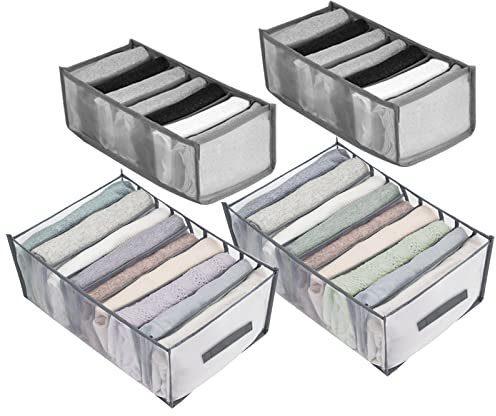 anshuke 4 Stück Kleideraufbewahrung aus Mesh,Faltbare Schubladen-Aufbewahrungsboxen,Faltbare Kleiderschrank Organizer,Jeans Aufbewahrungsbox,Für Hosen, Shirt,BHs und Krawatten(Grau 7, 7, 9,9 Raster)