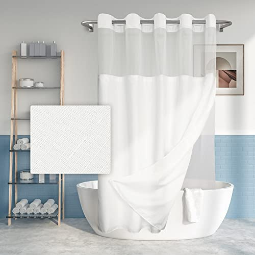 River Dream Long No Hook Slub Textured Shower Curtain with Snap-in PEVA Liner Set - 71 x 80(78), Hotel Style with See Through Top Window, Fabric Curtain & Waterproof Liner, White, 71x80
