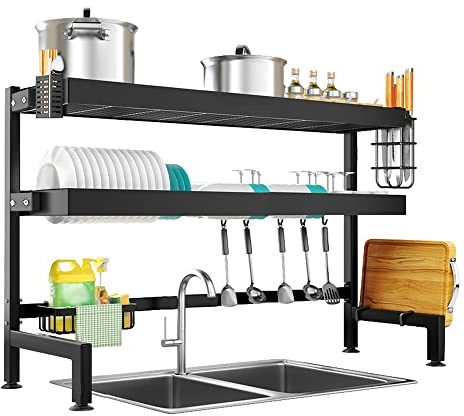 NETEL Abtropfgestell Über Spüle, 3-Stufig Geschirr Abtropfständer, Rostfreie Küche Über Dem Waschbecken Regal Spülbecken Organizer mit Utensilienhalter, Schneidebretthalter, Schwarz, Länge 105cm