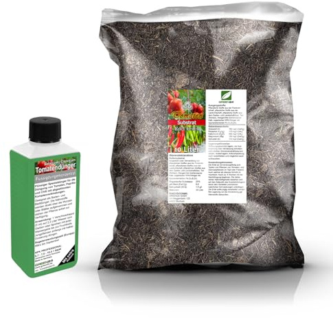 Umtopf - Set für Tomaten-, Paprika- und Chilipflanzen - bestehend aus 10 Liter Spezial - Substrat und darauf abgestimmten Flüssigdünger NPK Volldünger (für Tomatenpflanzen)